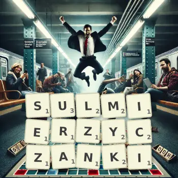 Kreatywna ilustracja do gry w Scrabble ze słowem SULMIERZYCZANKI ułożonym z płytek na planszy.