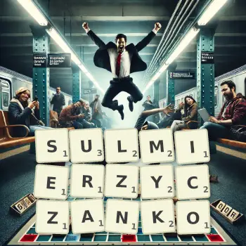 Kreatywna ilustracja do gry w Scrabble ze słowem SULMIERZYCZANKO ułożonym z płytek na planszy.