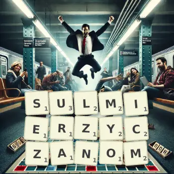 Kreatywna ilustracja do gry w Scrabble ze słowem SULMIERZYCZANOM ułożonym z płytek na planszy.