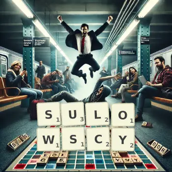 Kreatywna ilustracja do gry w Scrabble ze słowem SULOWSCY ułożonym z płytek na planszy.