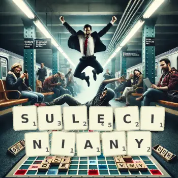 Kreatywna ilustracja do gry w Scrabble ze słowem SULĘCINIANY ułożonym z płytek na planszy.