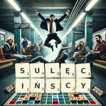 Kreatywna ilustracja do gry w Scrabble ze słowem SULĘCIŃSCY ułożonym z płytek na planszy.