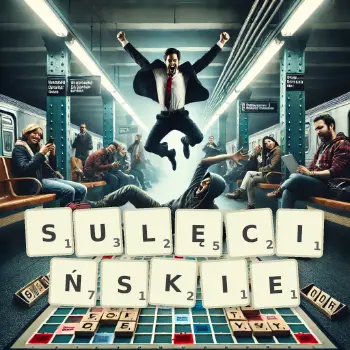 Kreatywna ilustracja do gry w Scrabble ze słowem SULĘCIŃSKIE ułożonym z płytek na planszy.