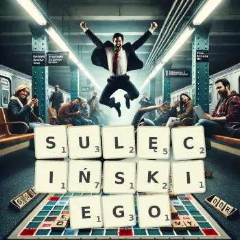 Kreatywna ilustracja do gry w Scrabble ze słowem SULĘCIŃSKIEGO ułożonym z płytek na planszy.