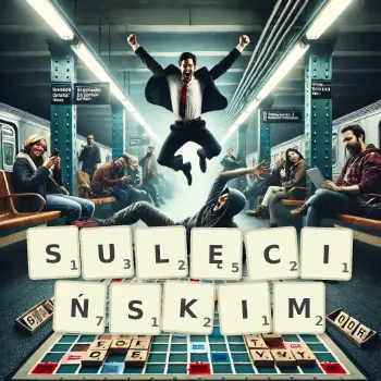 Kreatywna ilustracja do gry w Scrabble ze słowem SULĘCIŃSKIM ułożonym z płytek na planszy.