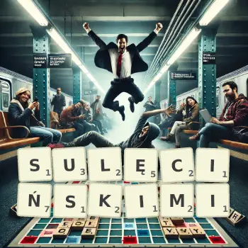 Kreatywna ilustracja do gry w Scrabble ze słowem SULĘCIŃSKIMI ułożonym z płytek na planszy.