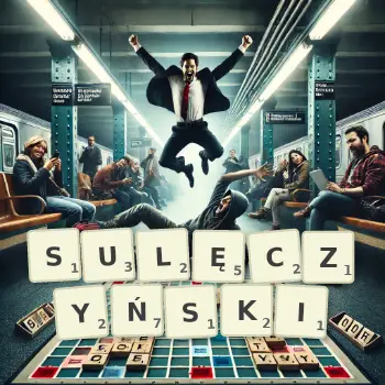 Kreatywna ilustracja do gry w Scrabble ze słowem SULĘCZYŃSKI ułożonym z płytek na planszy.