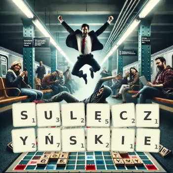 Kreatywna ilustracja do gry w Scrabble ze słowem SULĘCZYŃSKIE ułożonym z płytek na planszy.