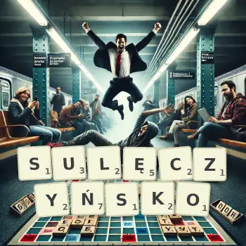 Kreatywna ilustracja do gry w Scrabble ze słowem SULĘCZYŃSKO ułożonym z płytek na planszy.