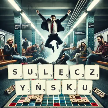 Kreatywna ilustracja do gry w Scrabble ze słowem SULĘCZYŃSKU ułożonym z płytek na planszy.