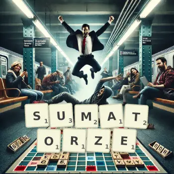 Kreatywna ilustracja do gry w Scrabble ze słowem SUMATORZE ułożonym z płytek na planszy.
