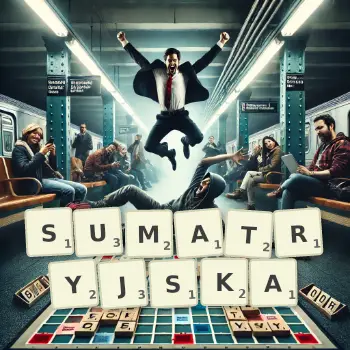 Kreatywna ilustracja do gry w Scrabble ze słowem SUMATRYJSKA ułożonym z płytek na planszy.