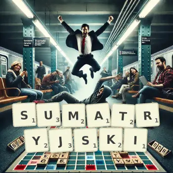 Kreatywna ilustracja do gry w Scrabble ze słowem SUMATRYJSKI ułożonym z płytek na planszy.