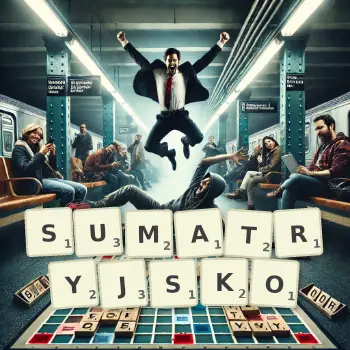 Kreatywna ilustracja do gry w Scrabble ze słowem SUMATRYJSKO ułożonym z płytek na planszy.