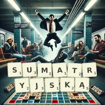 Kreatywna ilustracja do gry w Scrabble ze słowem SUMATRYJSKĄ ułożonym z płytek na planszy.