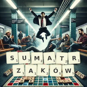 Kreatywna ilustracja do gry w Scrabble ze słowem SUMATRZAKÓW ułożonym z płytek na planszy.