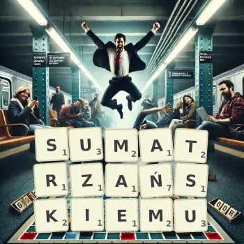 Kreatywna ilustracja do gry w Scrabble ze słowem SUMATRZAŃSKIEMU ułożonym z płytek na planszy.