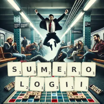 Kreatywna ilustracja do gry w Scrabble ze słowem SUMEROLOGII ułożonym z płytek na planszy.