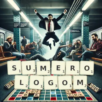 Kreatywna ilustracja do gry w Scrabble ze słowem SUMEROLOGOM ułożonym z płytek na planszy.