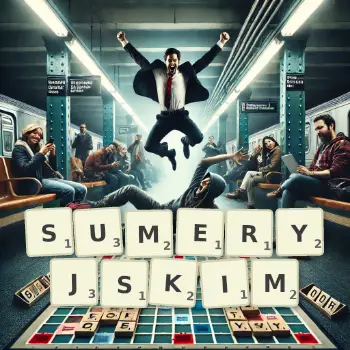 Kreatywna ilustracja do gry w Scrabble ze słowem SUMERYJSKIM ułożonym z płytek na planszy.