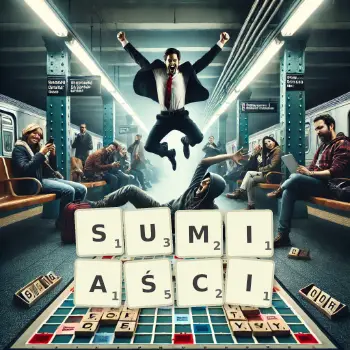 Kreatywna ilustracja do gry w Scrabble ze słowem SUMIAŚCI ułożonym z płytek na planszy.