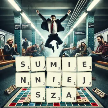 Kreatywna ilustracja do gry w Scrabble ze słowem SUMIENNIEJSZA ułożonym z płytek na planszy.
