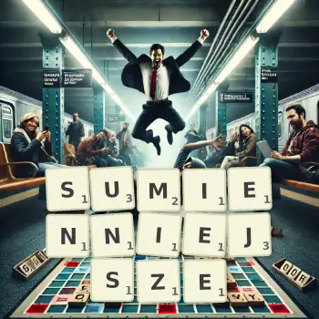 Kreatywna ilustracja do gry w Scrabble ze słowem SUMIENNIEJSZE ułożonym z płytek na planszy.