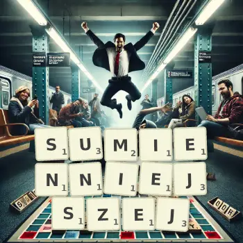 Kreatywna ilustracja do gry w Scrabble ze słowem SUMIENNIEJSZEJ ułożonym z płytek na planszy.