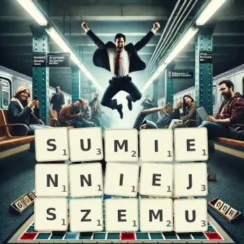 Kreatywna ilustracja do gry w Scrabble ze słowem SUMIENNIEJSZEMU ułożonym z płytek na planszy.