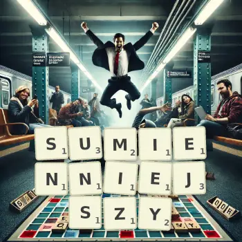 Kreatywna ilustracja do gry w Scrabble ze słowem SUMIENNIEJSZY ułożonym z płytek na planszy.