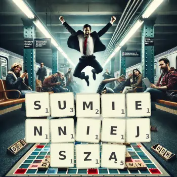 Kreatywna ilustracja do gry w Scrabble ze słowem SUMIENNIEJSZĄ ułożonym z płytek na planszy.