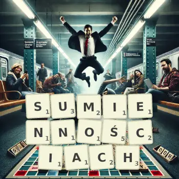 Kreatywna ilustracja do gry w Scrabble ze słowem SUMIENNOŚCIACH ułożonym z płytek na planszy.