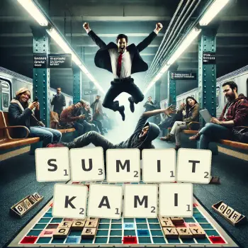 Kreatywna ilustracja do gry w Scrabble ze słowem SUMITKAMI ułożonym z płytek na planszy.