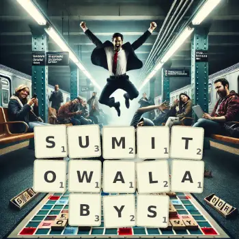 Kreatywna ilustracja do gry w Scrabble ze słowem SUMITOWALABYS ułożonym z płytek na planszy.