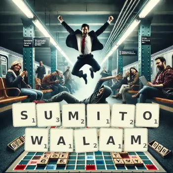 Kreatywna ilustracja do gry w Scrabble ze słowem SUMITOWALAM ułożonym z płytek na planszy.