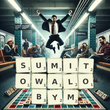 Kreatywna ilustracja do gry w Scrabble ze słowem SUMITOWALOBYM ułożonym z płytek na planszy.