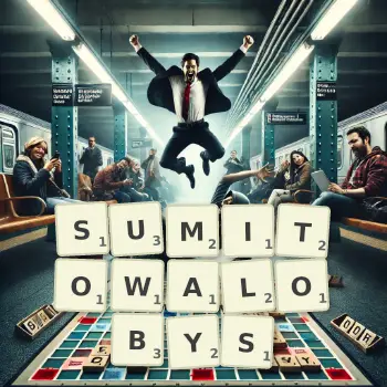 Kreatywna ilustracja do gry w Scrabble ze słowem SUMITOWALOBYS ułożonym z płytek na planszy.