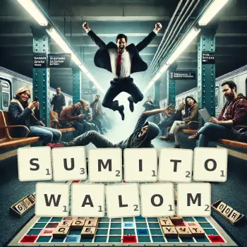 Kreatywna ilustracja do gry w Scrabble ze słowem SUMITOWALOM ułożonym z płytek na planszy.