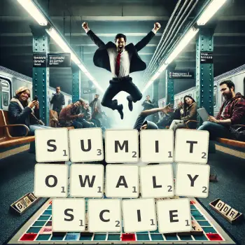 Kreatywna ilustracja do gry w Scrabble ze słowem SUMITOWALYSCIE ułożonym z płytek na planszy.