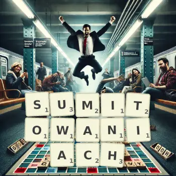 Kreatywna ilustracja do gry w Scrabble ze słowem SUMITOWANIACH ułożonym z płytek na planszy.