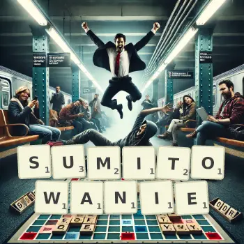 Kreatywna ilustracja do gry w Scrabble ze słowem SUMITOWANIE ułożonym z płytek na planszy.