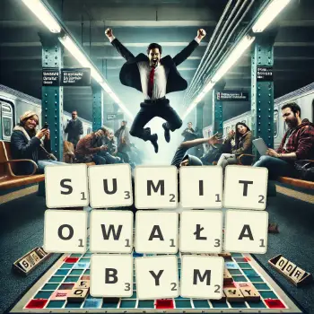 Kreatywna ilustracja do gry w Scrabble ze słowem SUMITOWAŁABYM ułożonym z płytek na planszy.