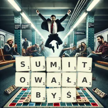 Kreatywna ilustracja do gry w Scrabble ze słowem SUMITOWAŁABYŚ ułożonym z płytek na planszy.