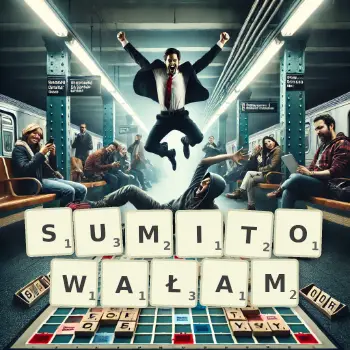 Kreatywna ilustracja do gry w Scrabble ze słowem SUMITOWAŁAM ułożonym z płytek na planszy.