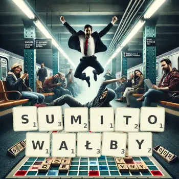 Kreatywna ilustracja do gry w Scrabble ze słowem SUMITOWAŁBY ułożonym z płytek na planszy.