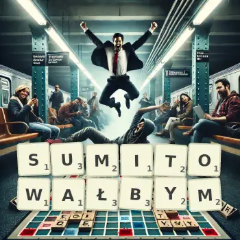 Kreatywna ilustracja do gry w Scrabble ze słowem SUMITOWAŁBYM ułożonym z płytek na planszy.