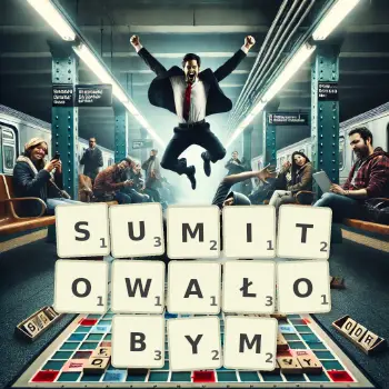 Kreatywna ilustracja do gry w Scrabble ze słowem SUMITOWAŁOBYM ułożonym z płytek na planszy.
