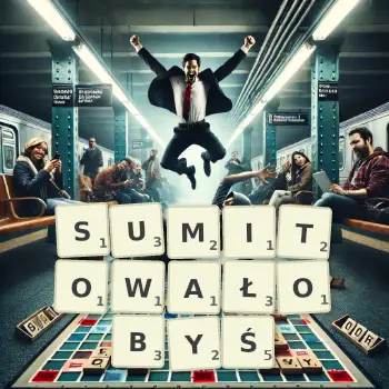 Kreatywna ilustracja do gry w Scrabble ze słowem SUMITOWAŁOBYŚ ułożonym z płytek na planszy.