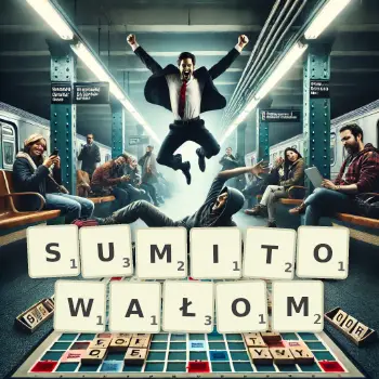 Kreatywna ilustracja do gry w Scrabble ze słowem SUMITOWAŁOM ułożonym z płytek na planszy.