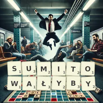 Kreatywna ilustracja do gry w Scrabble ze słowem SUMITOWAŁYBY ułożonym z płytek na planszy.